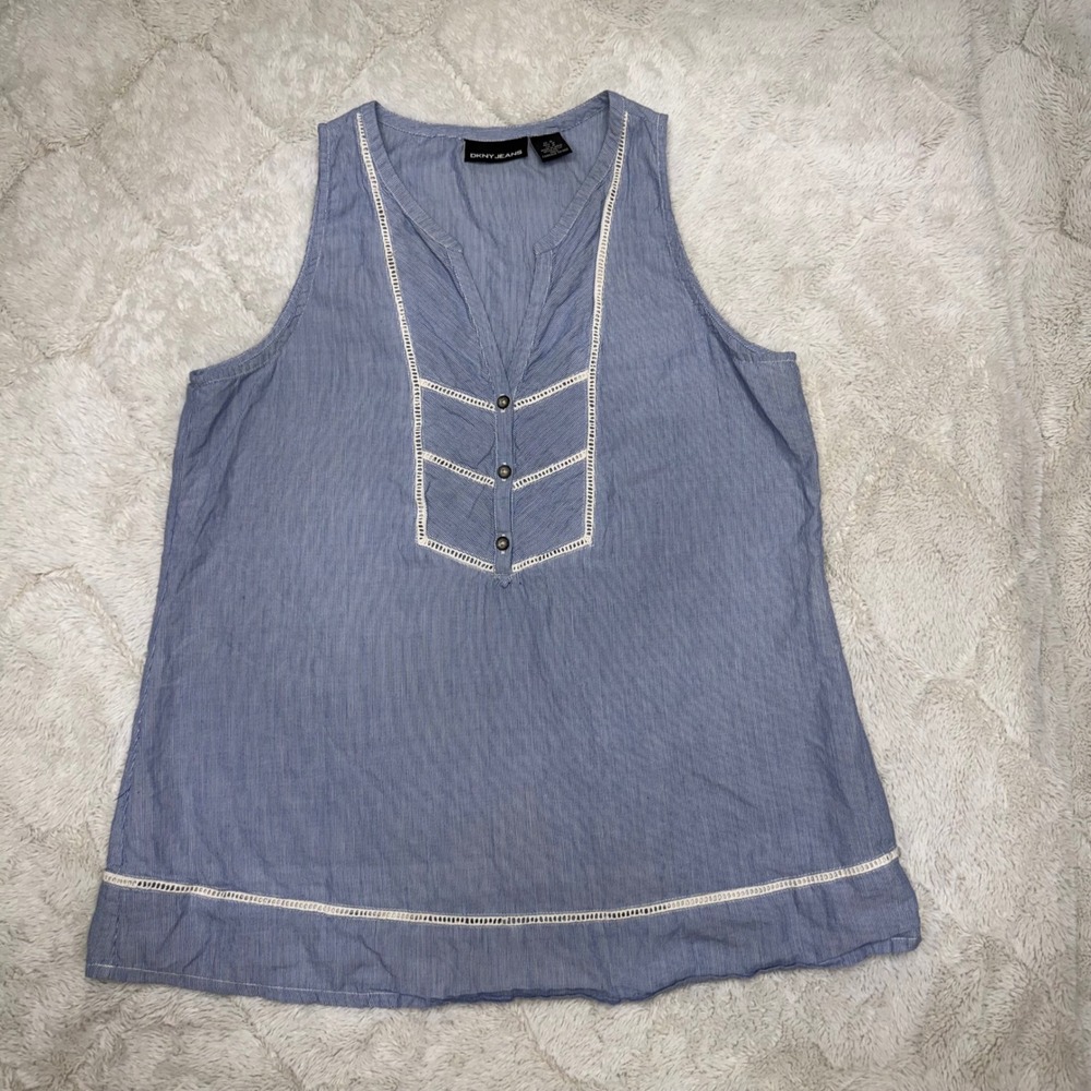Coastal Grandma Nautical Prep Boho Sleeveless Cotton Lace Trim Tunic Blouse DKNY